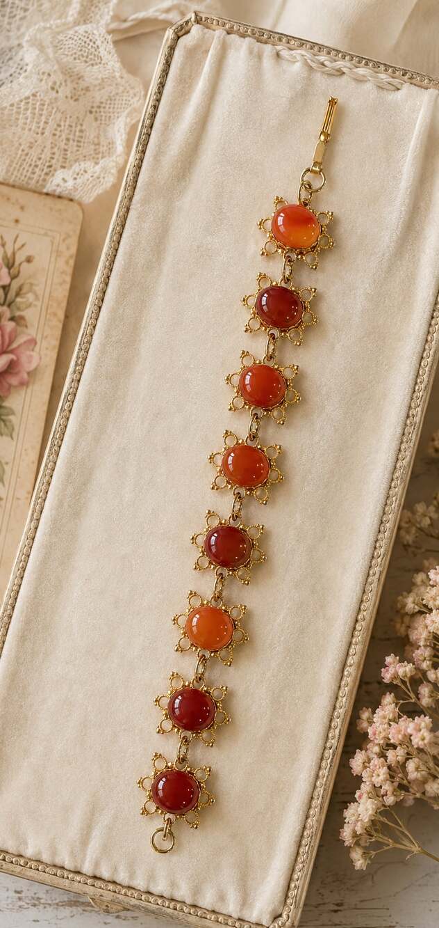Vintage Gold Tone Lacey Sunburst Red & Orange Carnelian Cabochon Link Bracelet